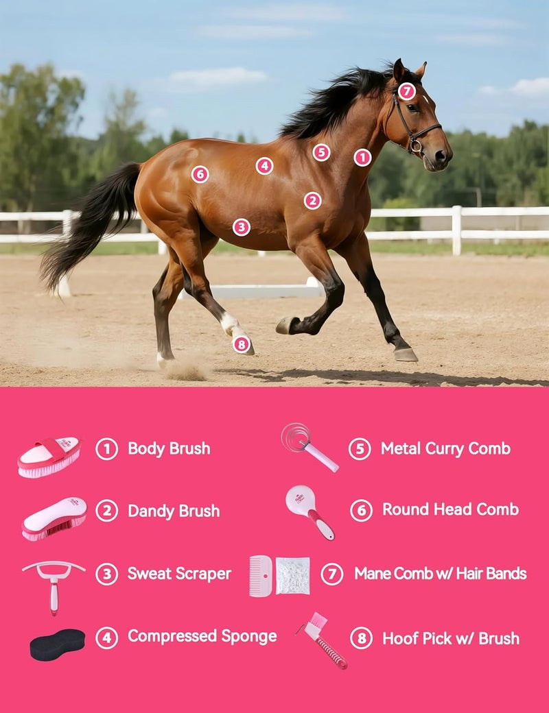 Furrishine 9PCS Horse Grooming Kit Curry Comb Sweat Scraper Horse Bathing Supplies Grooming Tools with Storage Bag Pink Garnet - Image 2